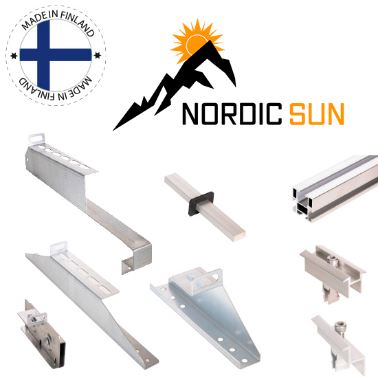 Nordic Sun aurinkopaneelin kiinnikkeet, magnelis-teräs, alumiinin värisiä ja mustia kiinnikkeitä.