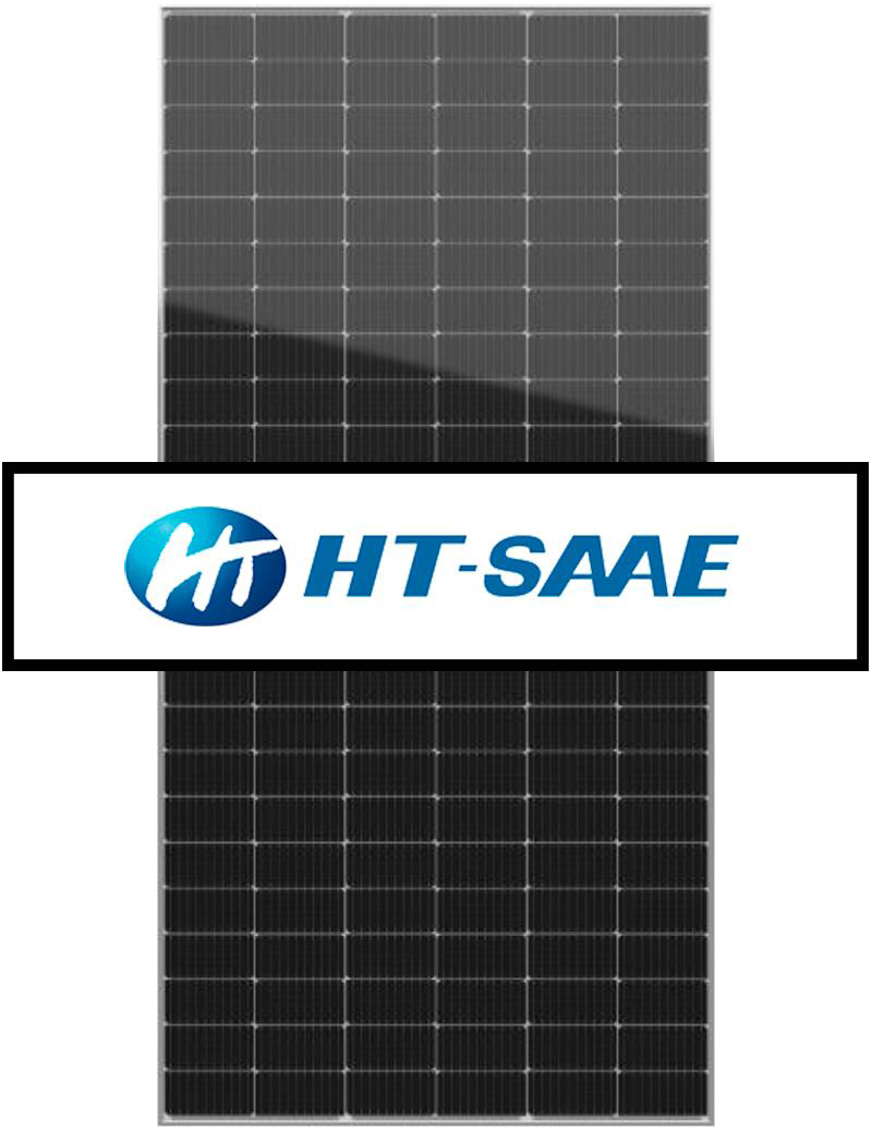 Tehokas HT-S -aurinkopaneeli kuvattuna edestä. Mukana myös HT-s yrityksen logo