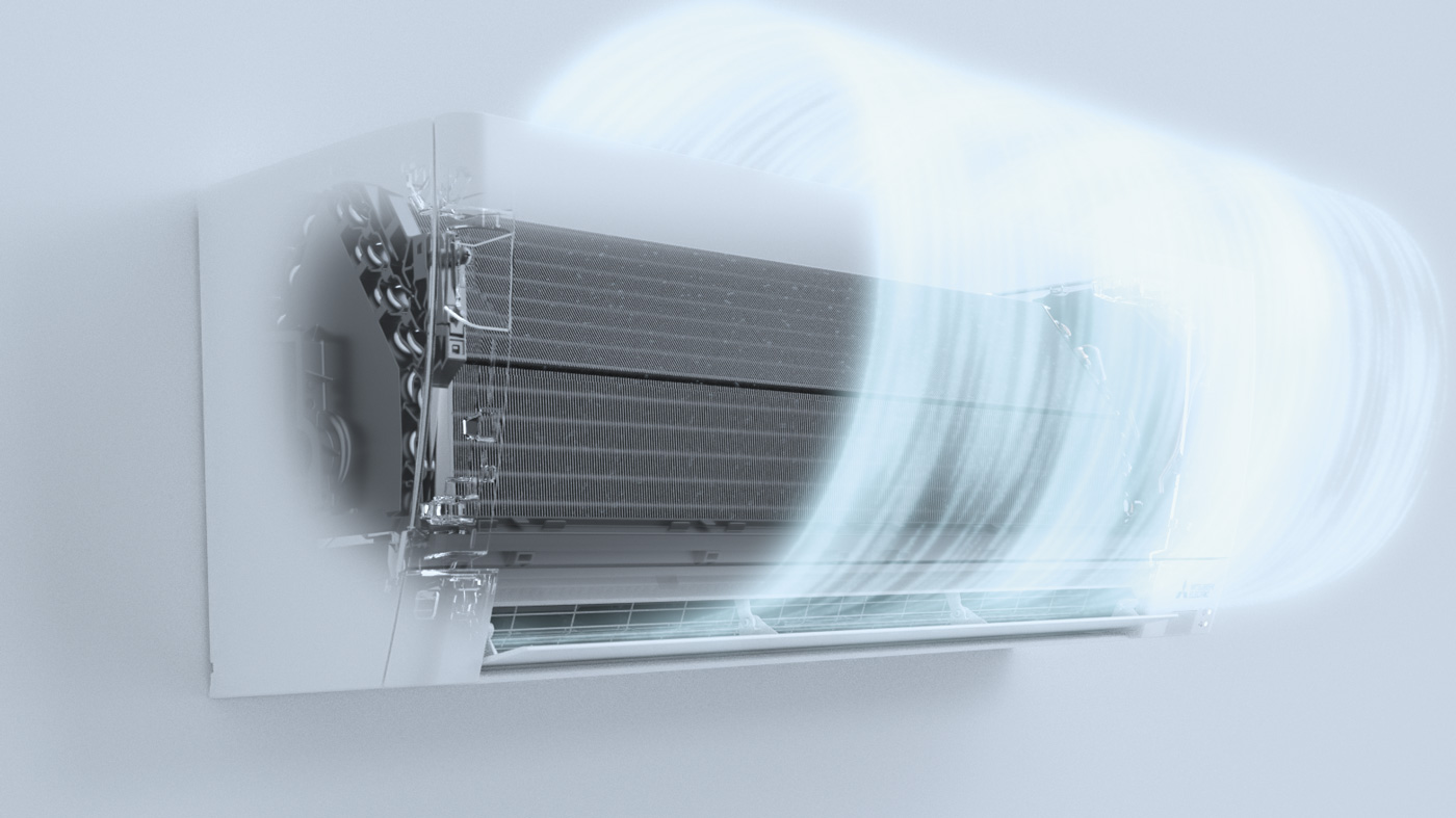 Mitsubishi Electric AY -ilmalämpöpumpun automaattista puhtaanapitotoimintoa kuvaava kuvituskuva