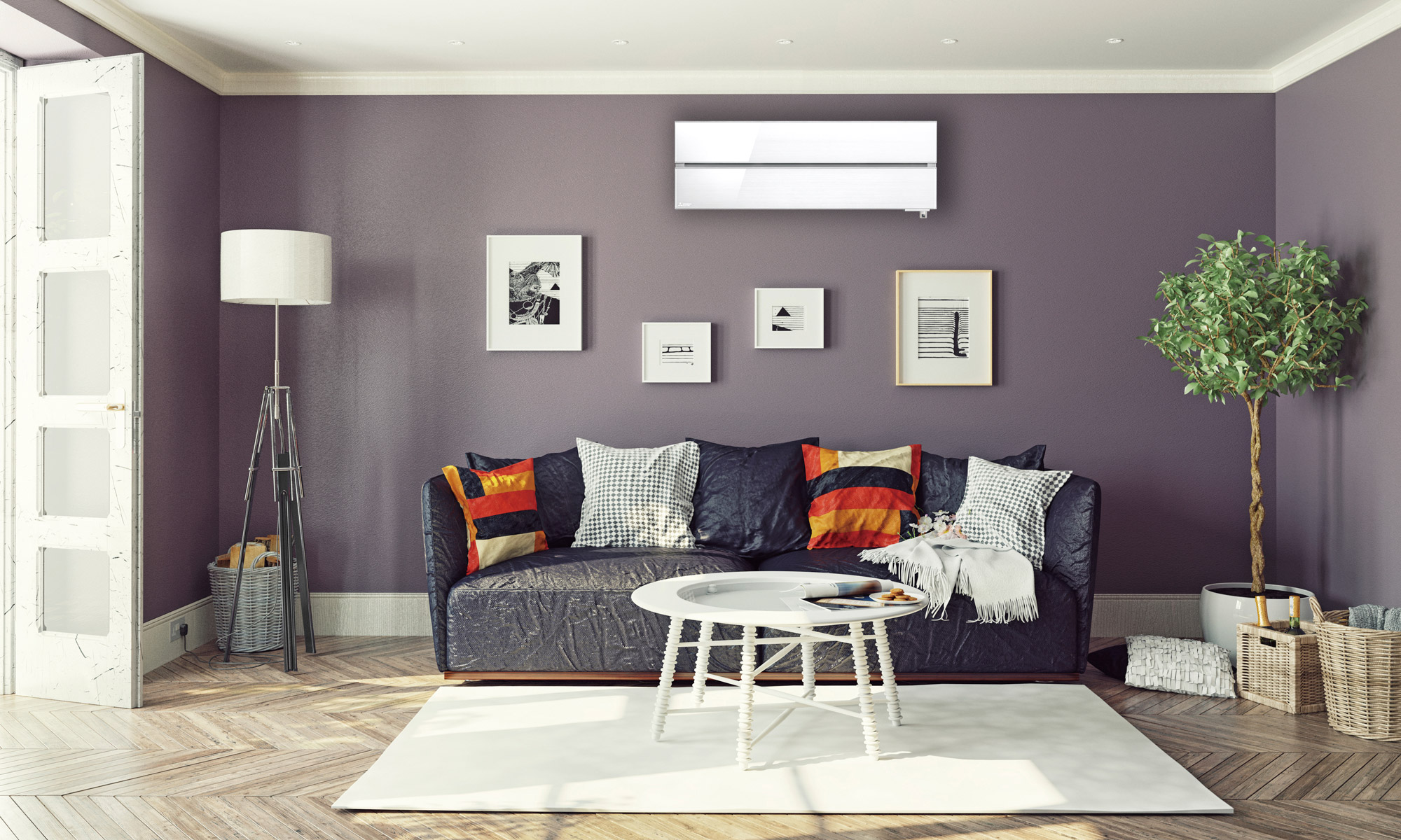 Mitsubishi Electric LN-mallisarjan helmenvalkoinen ilmalämpöpumppu asennettuna olohuoneen seinälle.
