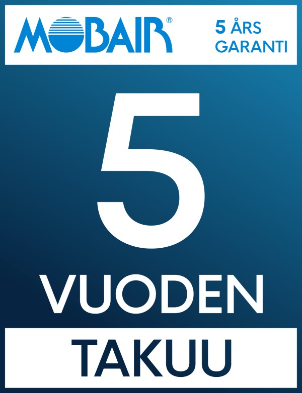 Mobair-korvausilmalaitteiden viiden vuoden takuusta kertova logo