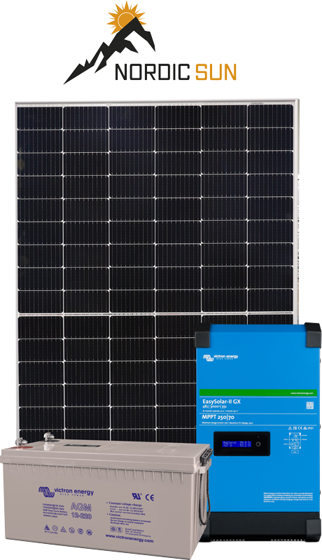 Nordic Sun Off-grid -voimalan tuotekuva, jossa näkyy aurinkopaneeli, invertteri sekä sähkön varastointiin tarvittava akku.