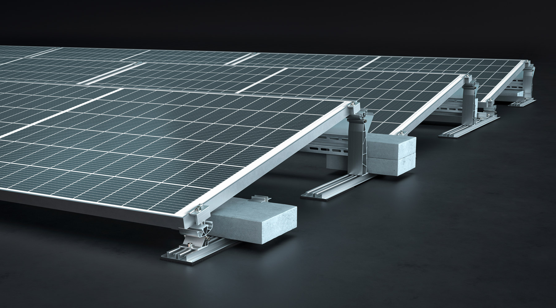 Aerocompact aurinkopaneelien kiinnitysjärjestelmä sivusta kuvattuna. Kuvassa kiinnitysjärjestelmässä myös aurinkopaneelit kiinnitettynä.