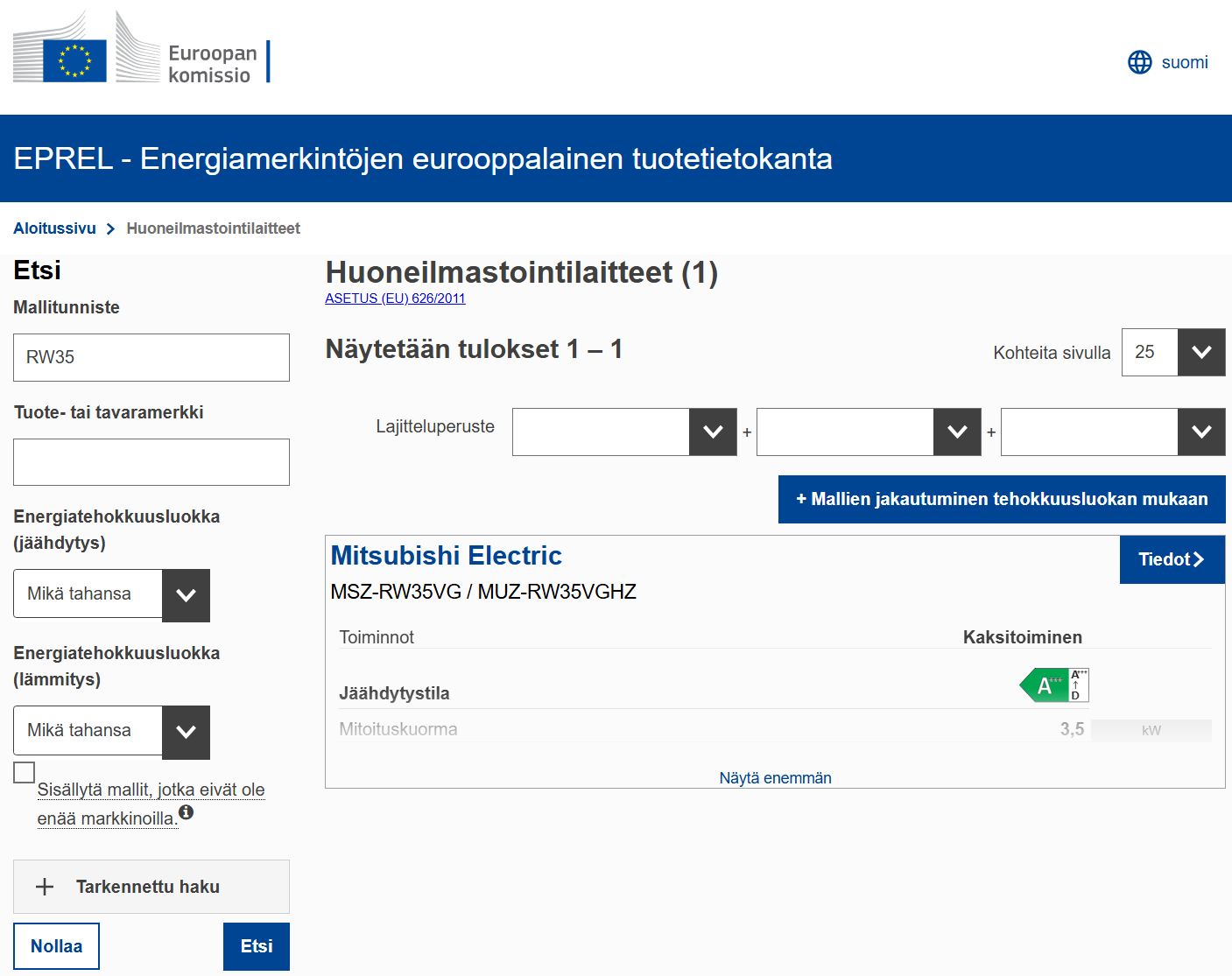 Näkymä EPREL-tietokannan hakutoloksesta. Kuvassa on haettu RW35-ilmalämpöpumppua.