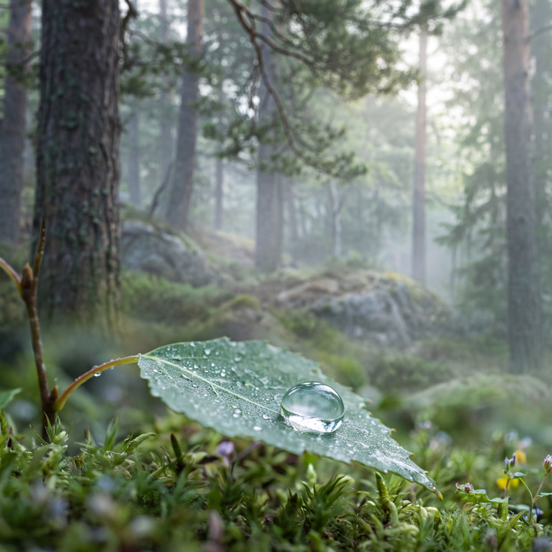 Vesipisara lepää vihreällä lehdellä sammaleisessa metsässä.